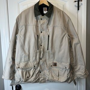 Vintage USA made worn Carhartt lined tan coat green collar chore barn coat XL